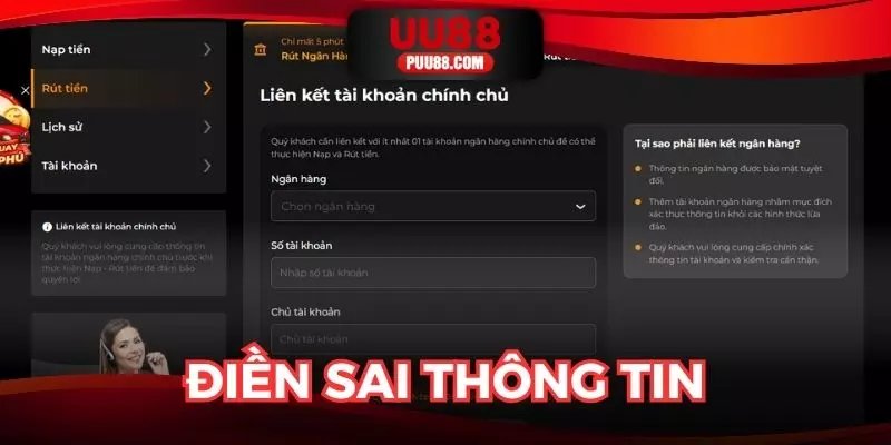 Điền thông tin sai dẫn đến giao dịch thất bại