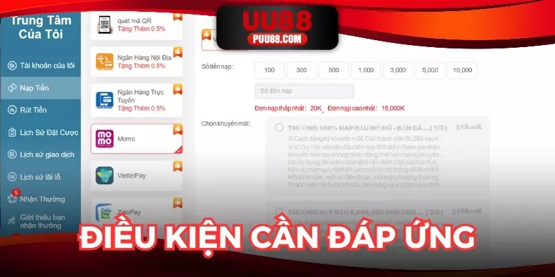 Nạp tiền UU88 và các điều kiện cần đáp ứng